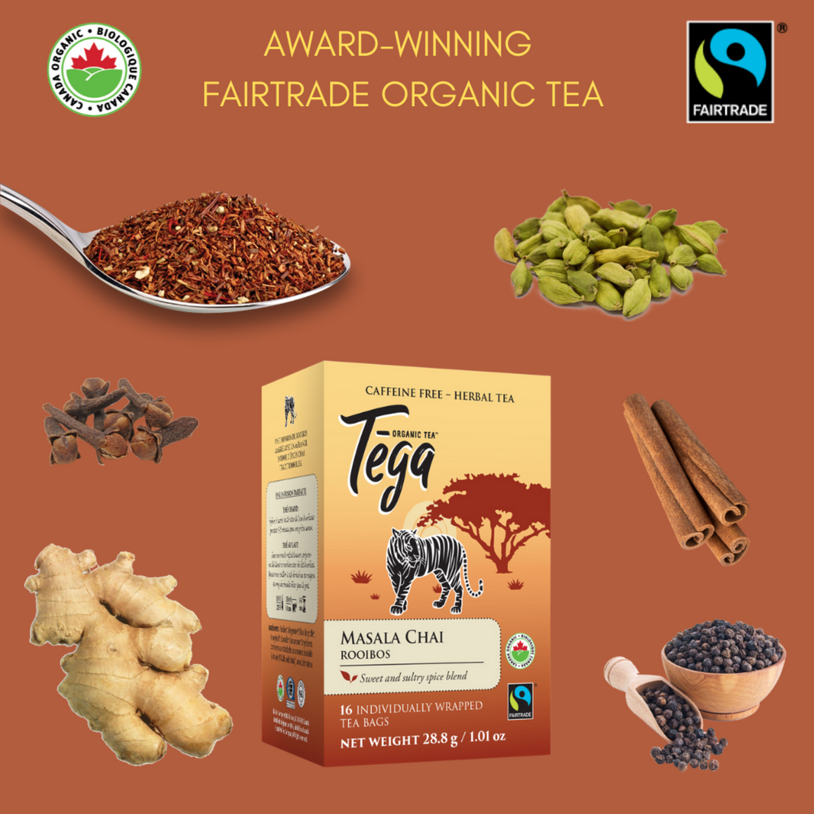 Tega Organic Tea - Masala Chai Rooibos Herbal Tea, 16 Count