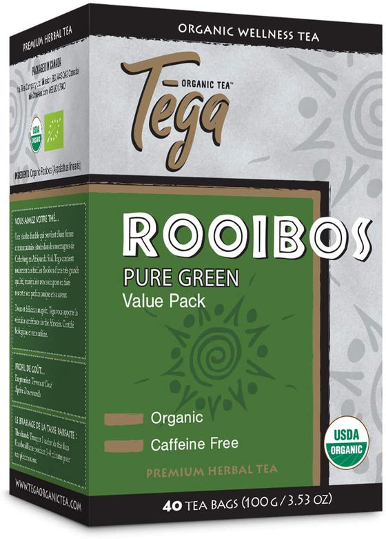 Tega Organic Tea - Pure Green Rooibos Herbal Tea, 40ct Value Pack
